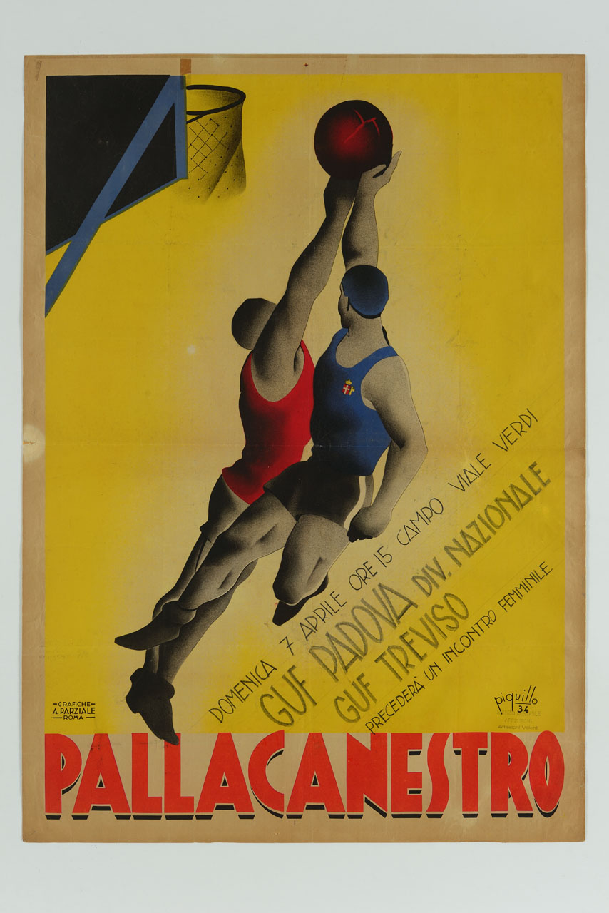 due giocatori di pallacanestro si contendono la palla durante un salto a canestro (manifesto) di Pandolfi Carlo detto Piquillo (sec. XX)