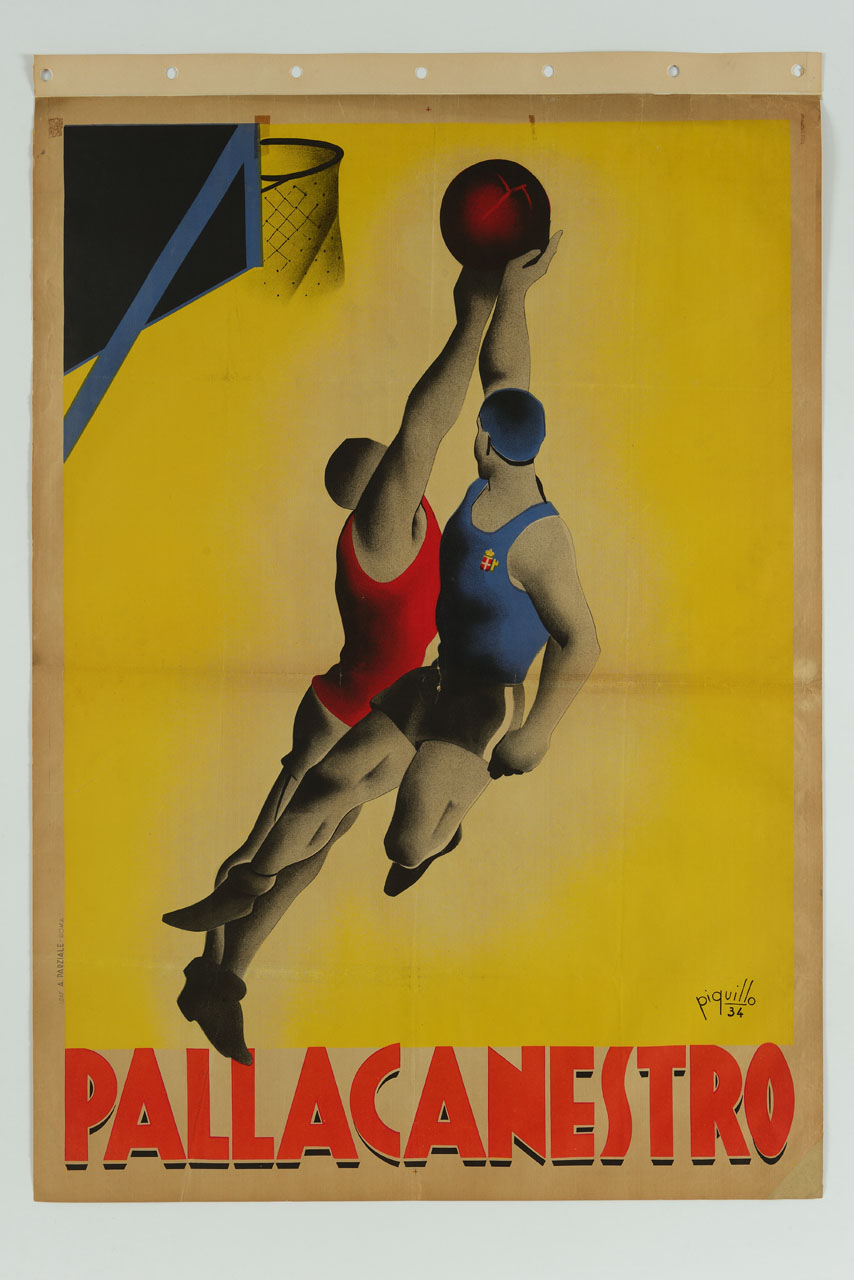due giocatori di pallacanestro si contendono la palla durante un salto a canestro (manifesto) di Pandolfi Carlo detto Piquillo (sec. XX)