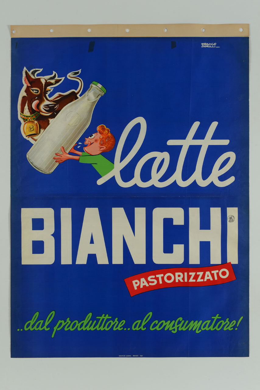 bambino esce da una scritta pubblicitaria e prende una bottiglia di latte da una mucca (manifesto) di Sgrilli Franco (sec. XX)