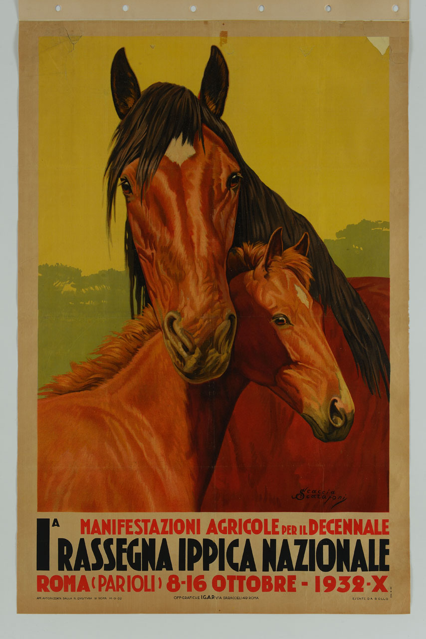 cavallo e puledro con teste ravvicinate (manifesto) di Scaccia Scarafoni Arduino (sec. XX)