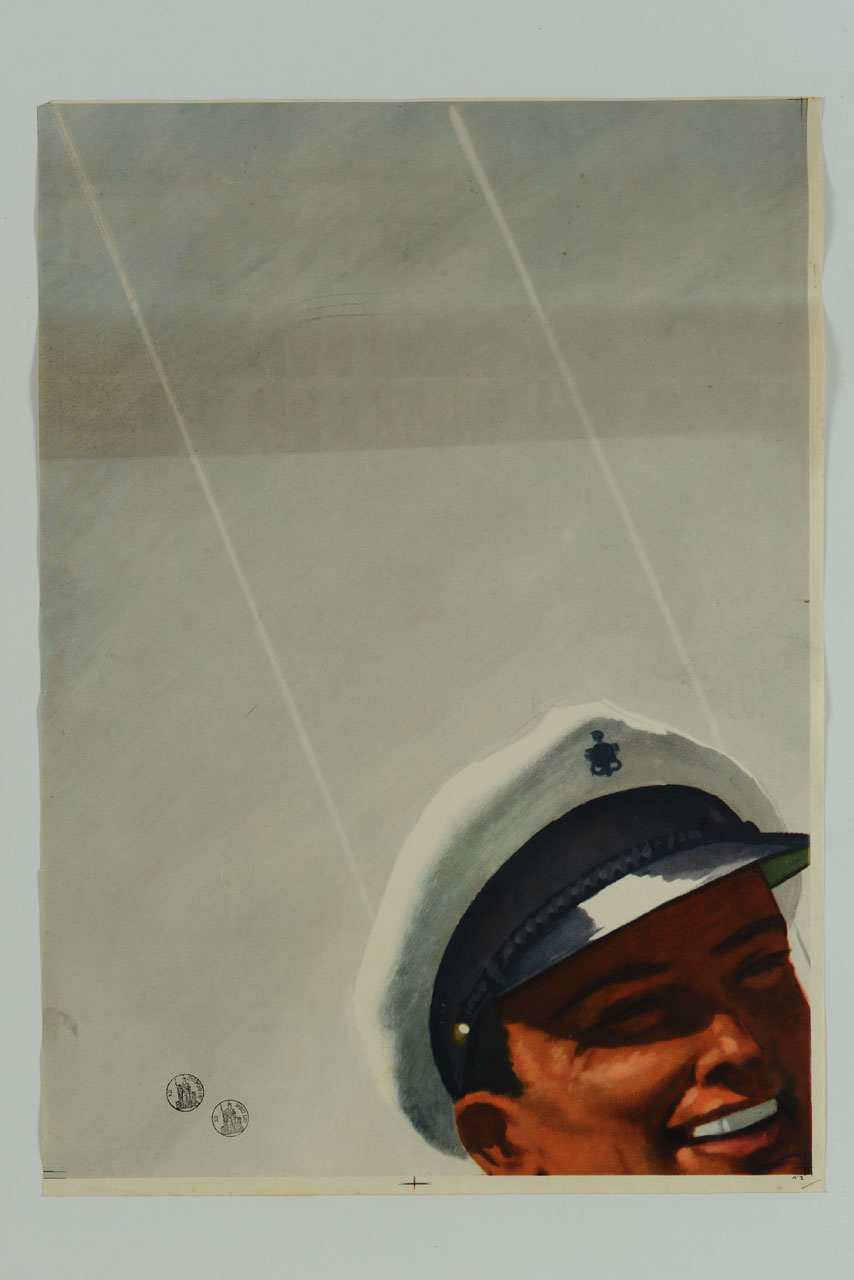 uomo e donna fanno pic-nic sul ponte di una barca a vela (manifesto, stampa composita) di Boccasile Gino (sec. XX)