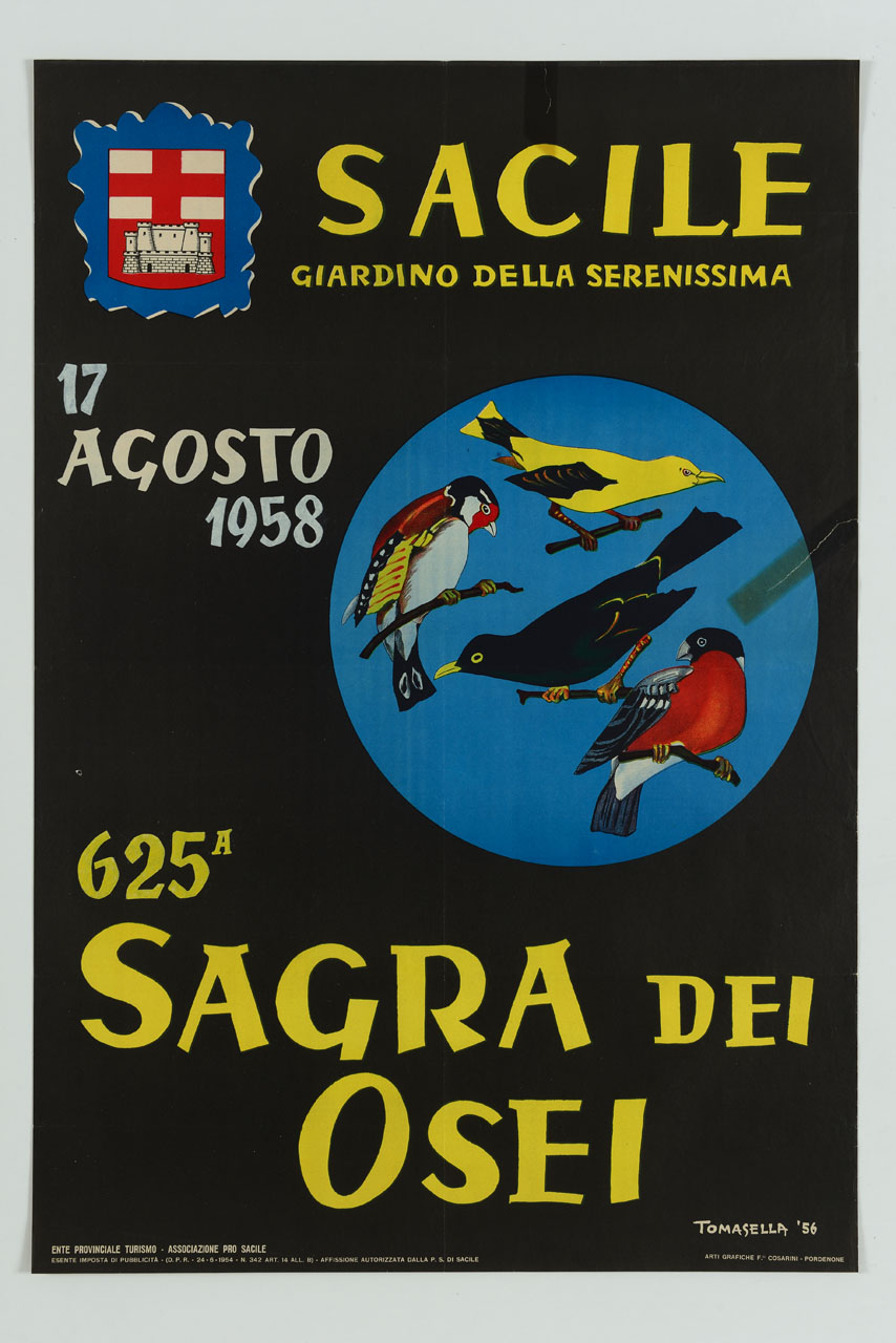uccelli di specie varie appoggiati su ramoscelli entro tondo azzurro (manifesto) di Tomasella (sec. XX)
