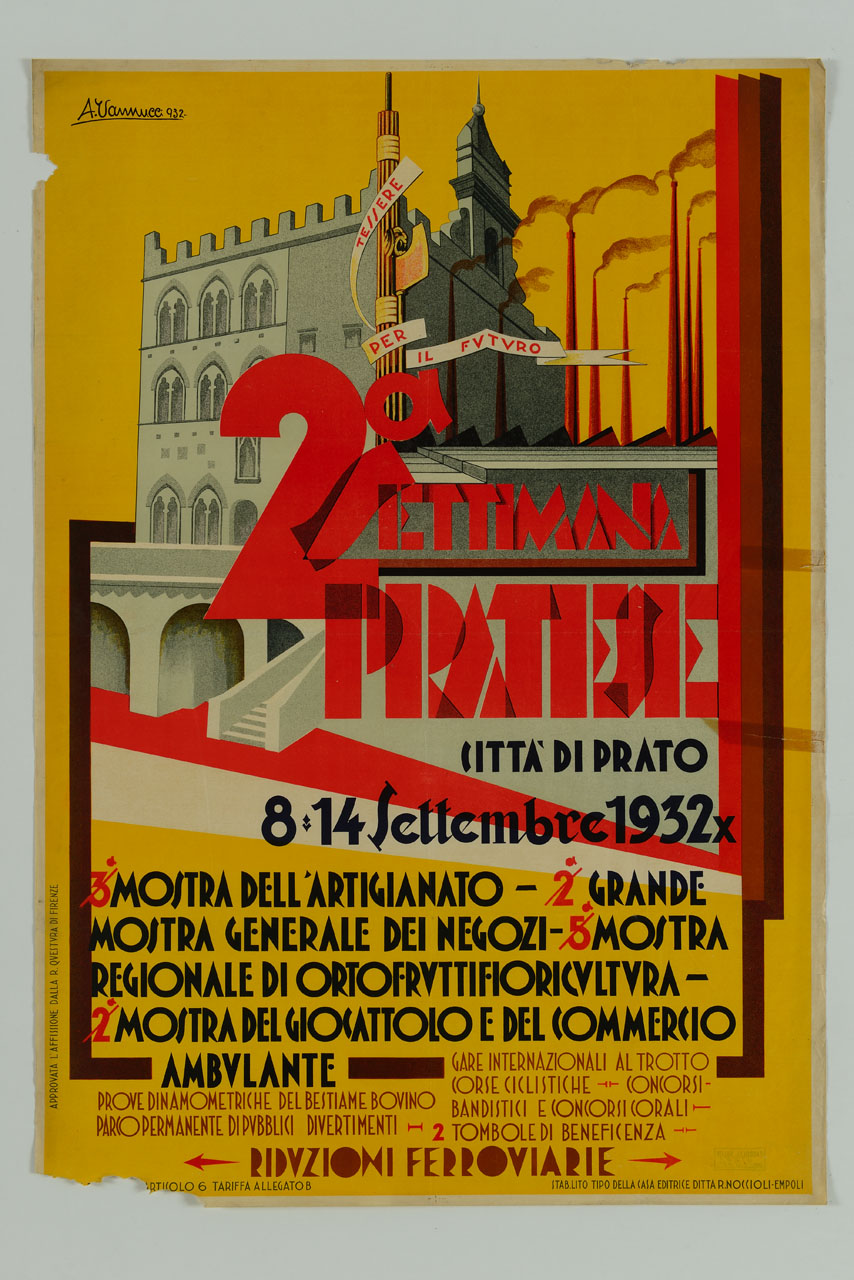 veduta di Palazzo Pretorio a Prato e sullo sfondo ciminiere fumanti (manifesto) di Vannucci A (sec. XX)