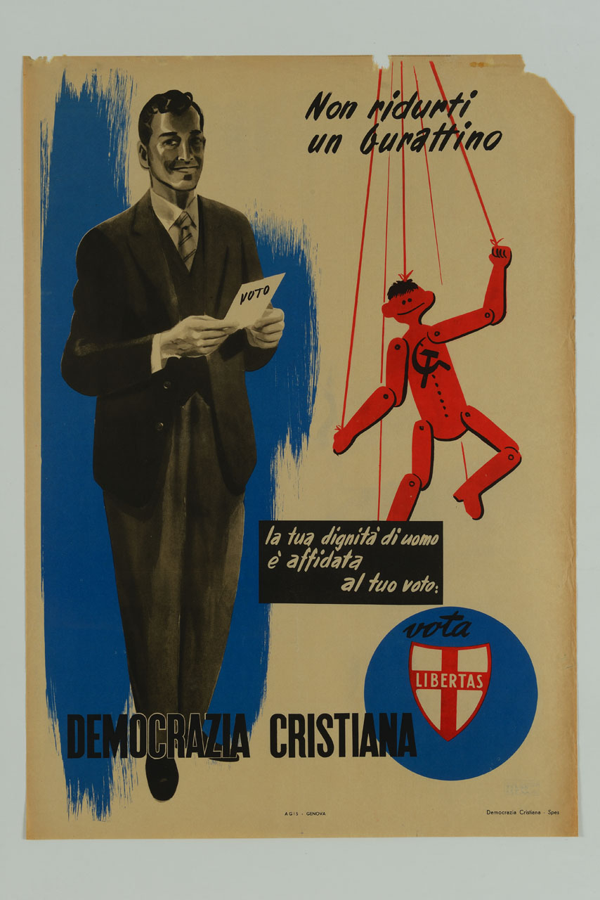 uomo con volantino tra le mani e burattino (manifesto) - ambito italiano (sec. XX)