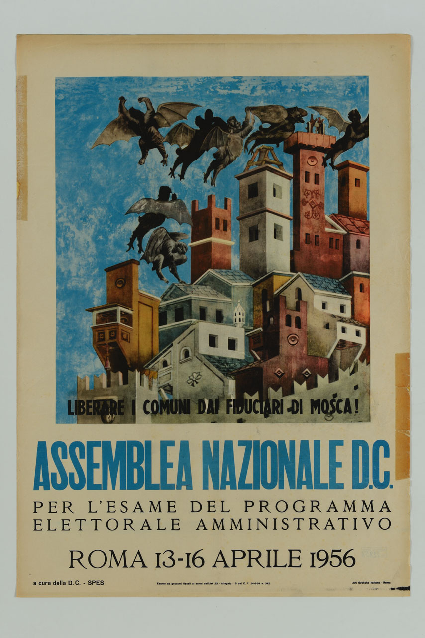 diavoli alati sorvolano una città medievale (manifesto) - ambito italiano (sec. XX)