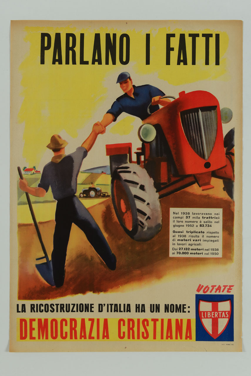 contadini si stringono la mano mentre lavorano in un campo (manifesto) - ambito italiano (sec. XX)