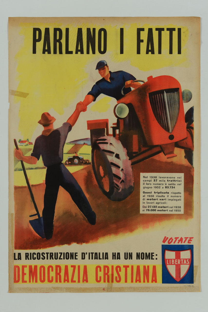 contadini si stringono la mano mentre lavorano in un campo (manifesto) - ambito italiano (sec. XX)