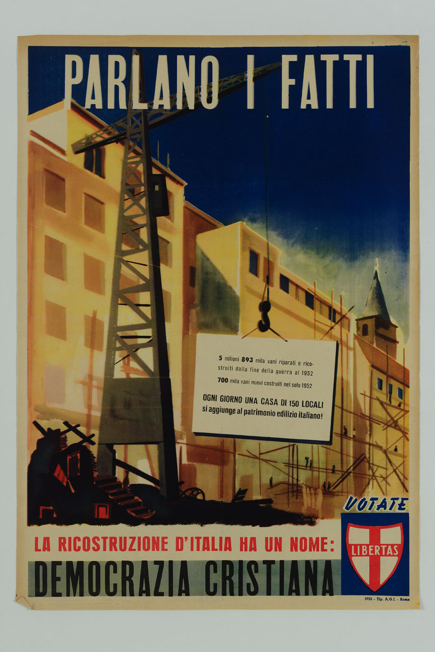 edifici in costruzione con gru e ponteggi (manifesto) - ambito italiano (sec. XX)