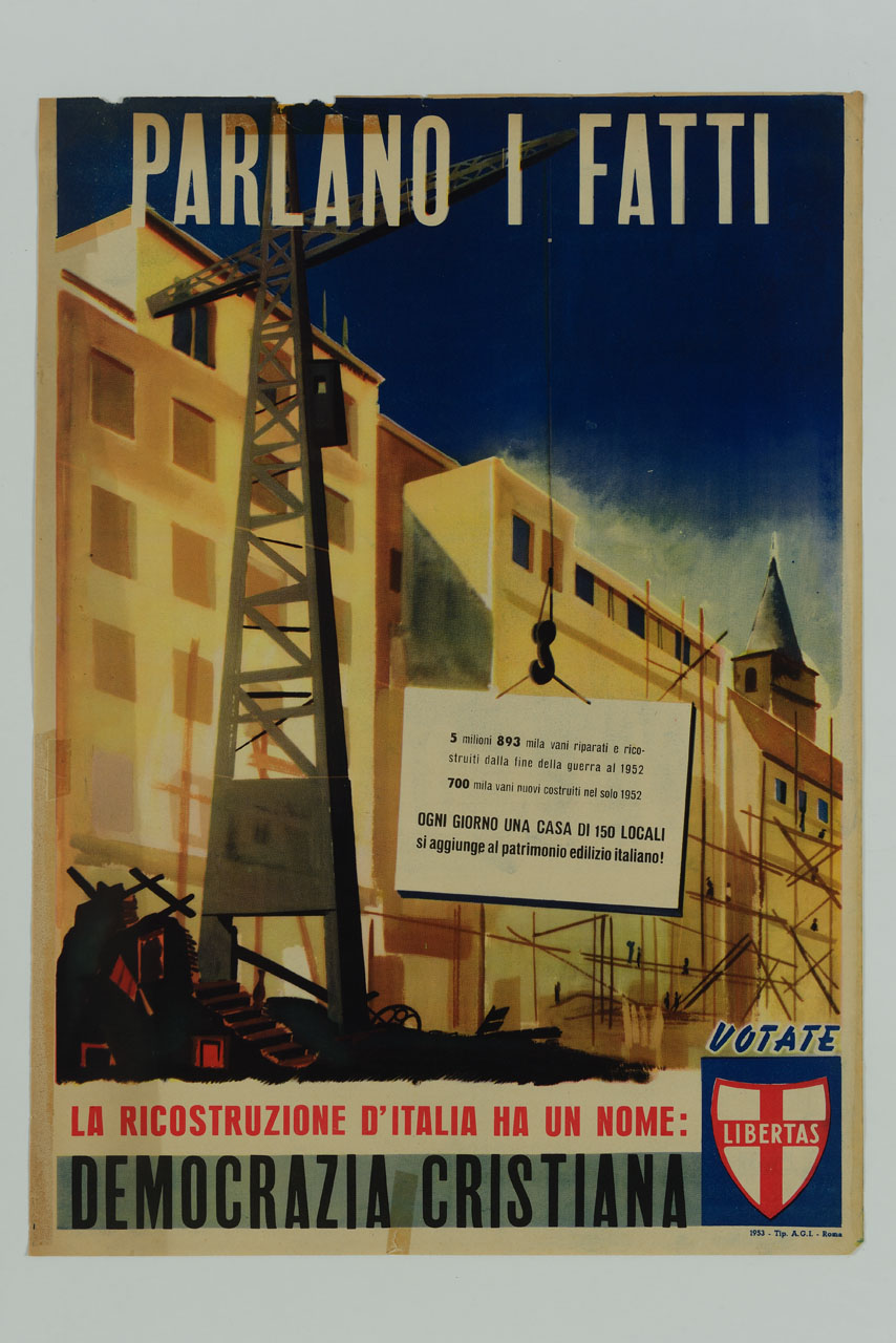 edifici in costruzione con gru e ponteggi (manifesto) - ambito italiano (sec. XX)