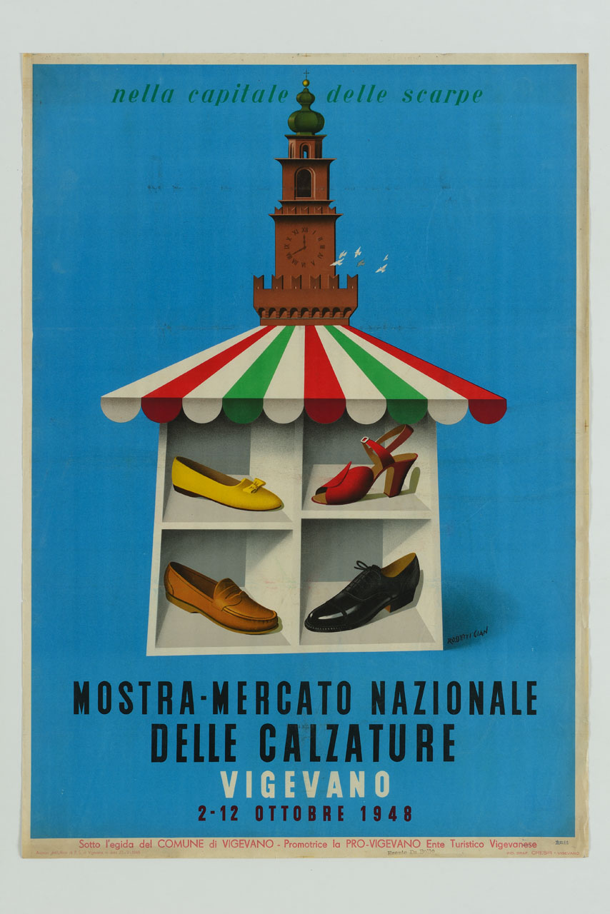 scarpe esposte in un chiosco posto sotto la Torre del Bramante di Vigevano (manifesto) di Rossetti Gian Carlo (sec. XX)