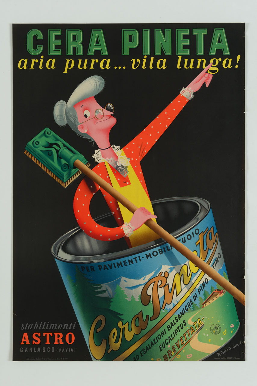 donna anziana dentro un barattolo con spazzettone in spalle indica sorridente lo slogan del prodotto (manifesto) di Rossetti Gian Carlo (sec. XX)