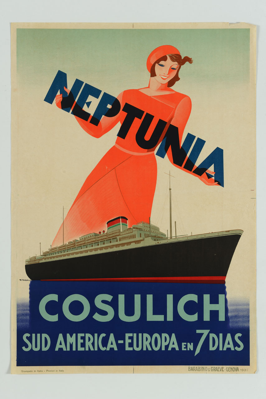 donna in abito rosso regge tra le mani la scritta Neptunia sovrastando la motonave in navigazione (manifesto) di Riccobaldi Del Bava Giuseppe (sec. XX)