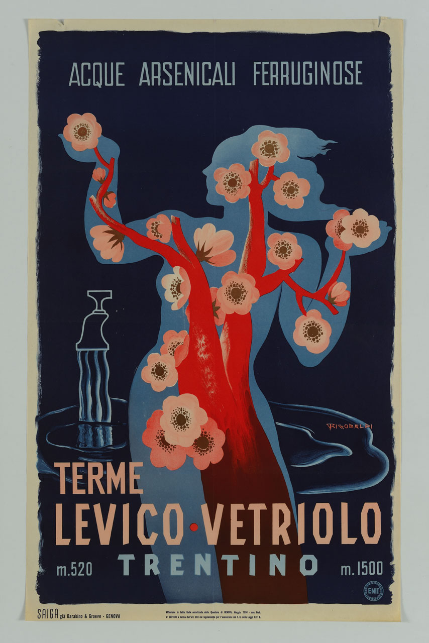 albero di pesco in fiore si staglia sulla silhoutte di una donna danzante (manifesto) di Riccobaldi Del Bava Giuseppe (sec. XX)