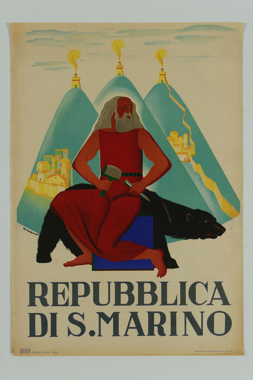 San Marino seduto con martello e scalpello in mano accompagnato dall'orso (manifesto) di Riccobaldi Del Bava Giuseppe (sec. XX)