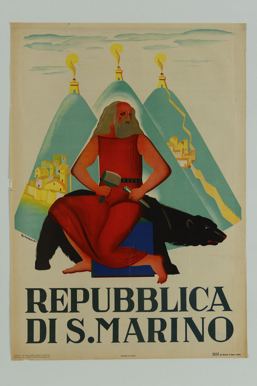 San Marino seduto con martello e scalpello in mano accompagnato dall'orso (manifesto) di Riccobaldi Del Bava Giuseppe (sec. XX)