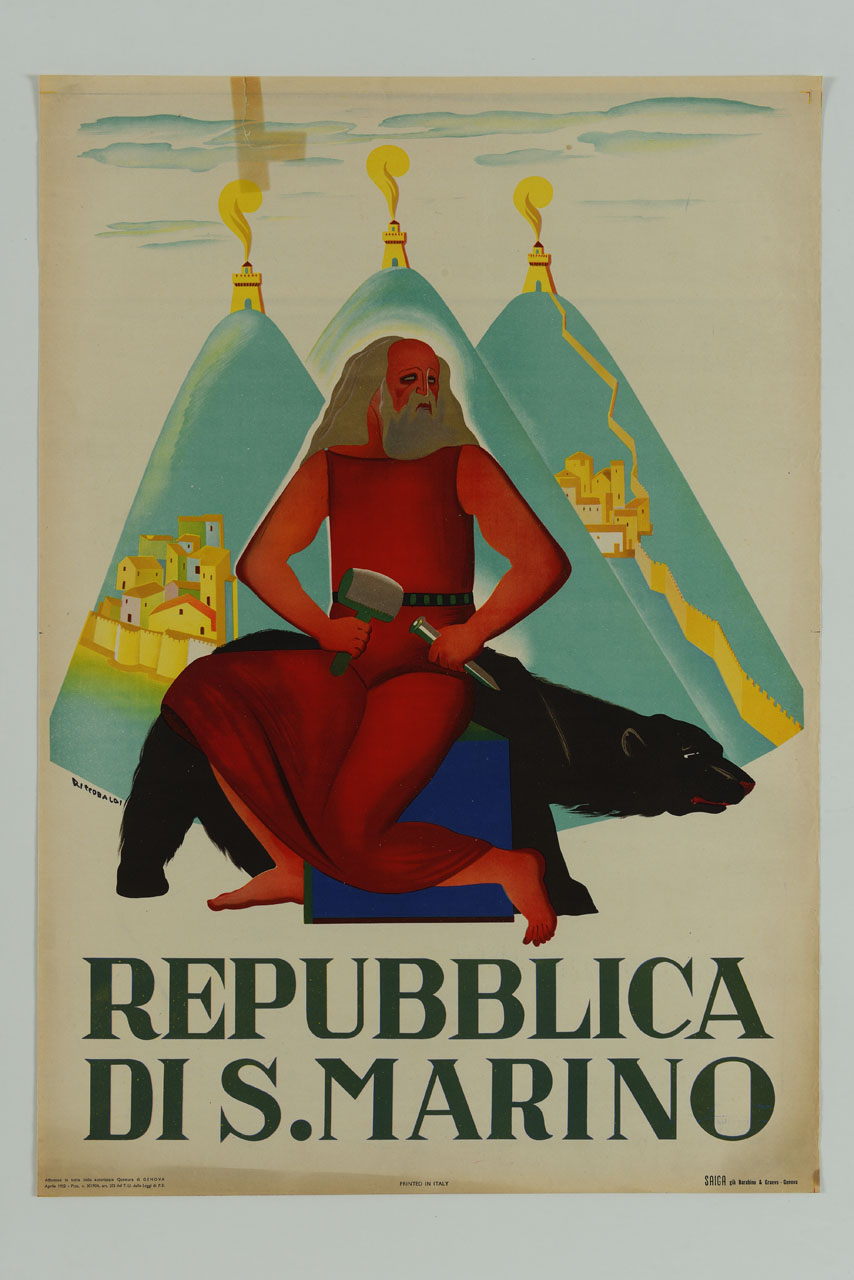 San Marino seduto con martello e scalpello in mano accompagnato dall'orso (manifesto) di Riccobaldi Del Bava Giuseppe (sec. XX)