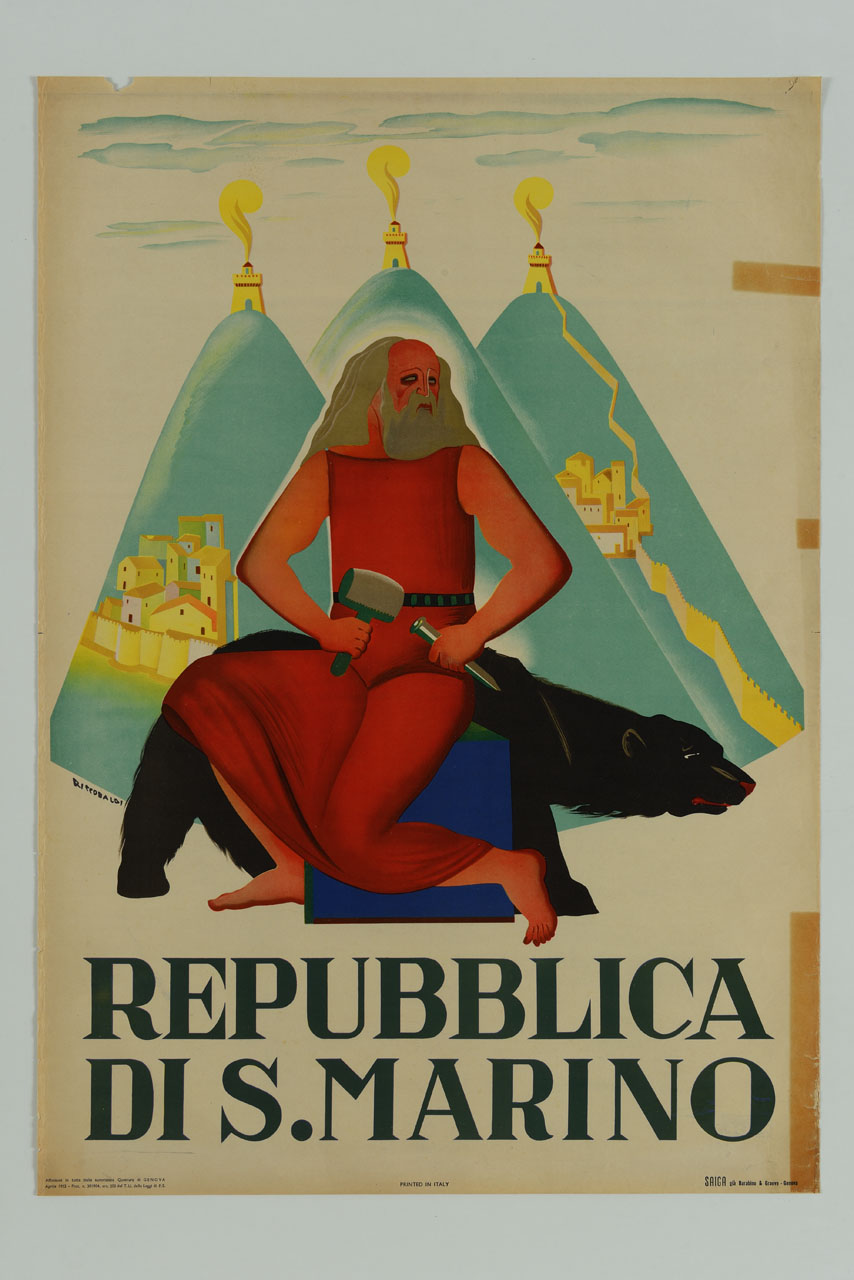 San Marino seduto con martello e scalpello in mano accompagnato dall'orso (manifesto) di Riccobaldi Del Bava Giuseppe (sec. XX)