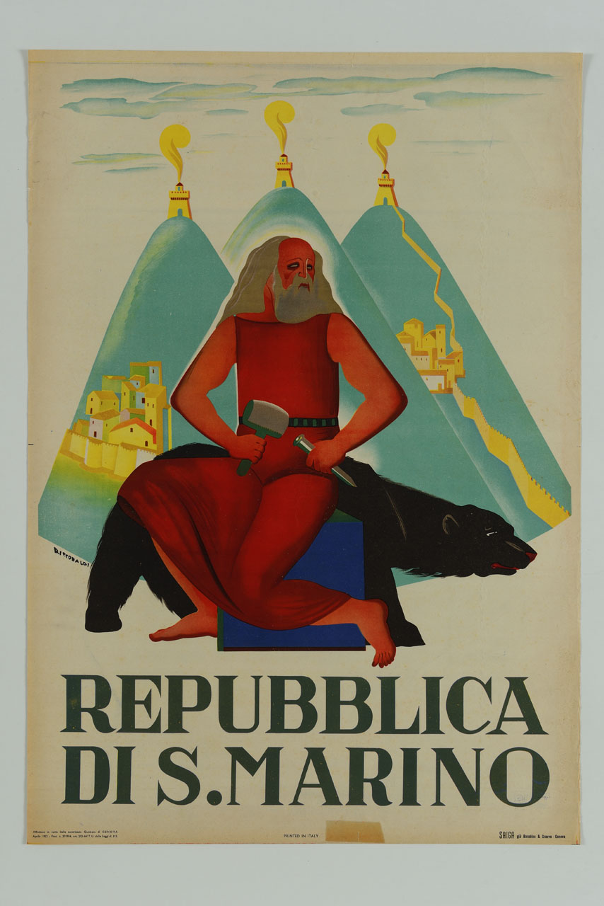 San Marino seduto con martello e scalpello in mano accompagnato dall'orso (manifesto) di Riccobaldi Del Bava Giuseppe (sec. XX)