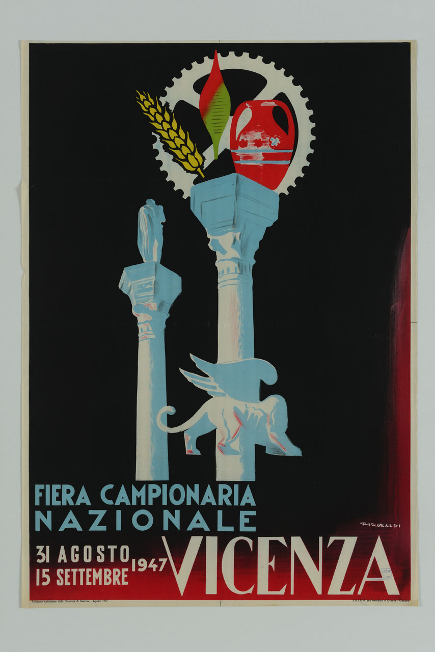 colonna del Redentore e colonna di San Marco di Piazza delle Erbe a Vicenza e simboli di attività umane (manifesto) di Riccobaldi Del Bava Giuseppe (sec. XX)