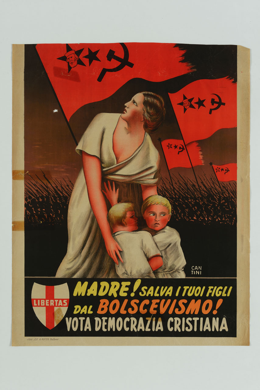 donna impaurita protegge i suoi due figli (manifesto) di Cantini Piero (sec. XX)