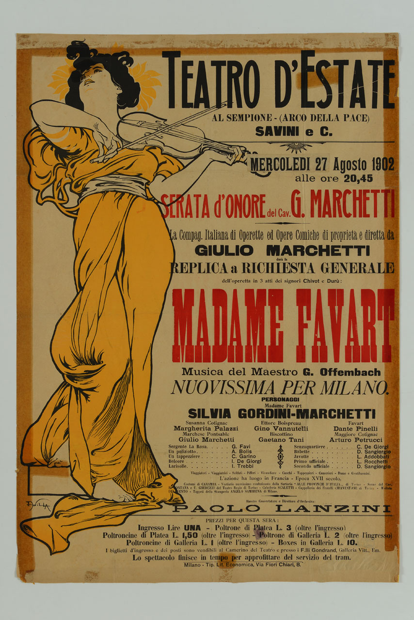 donna avvolta in un lungo abito giallo suona il violino (manifesto) di Villa Aleardo (sec. XX)