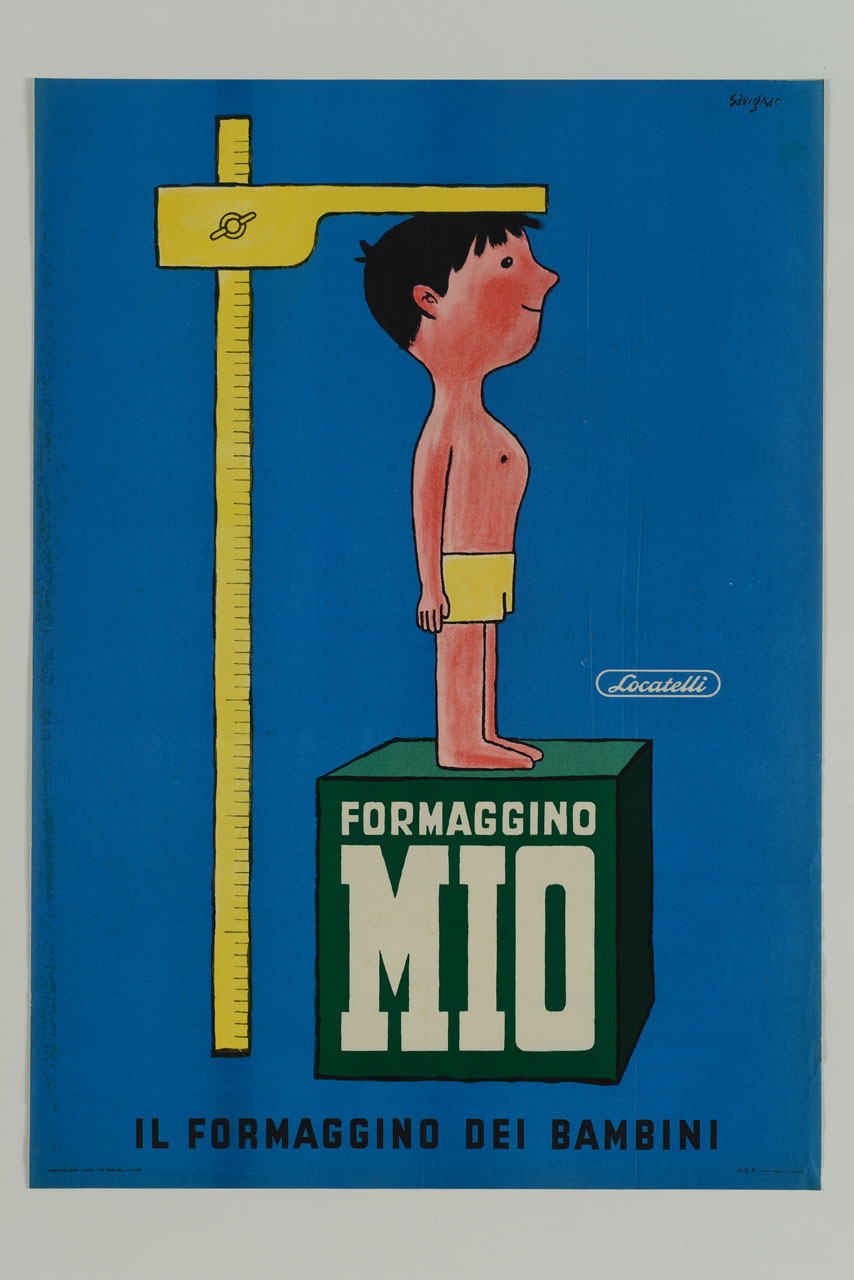 bambino sopra un cubo misura l'altezza con uno stadiometro (manifesto) di Savignac Raymond (sec. XX)
