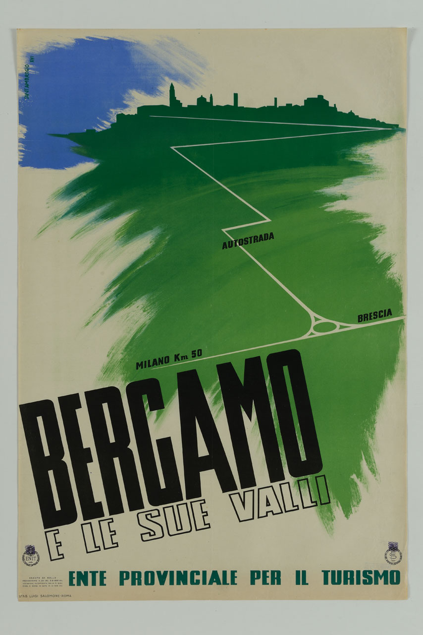tracciato stradale conduce alla città di Bergamo (manifesto) di Santambrogio Diego (sec. XX)