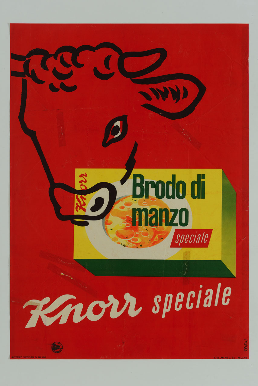 scatola di dadi collocata tra le corna di un bovino su fondo rosso (manifesto) di Thöni Hans (sec. XX)