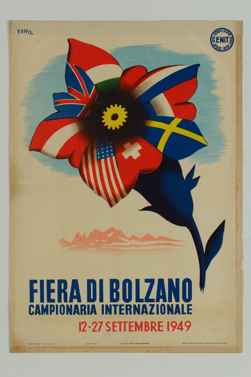grande genziana con petali disegnati dalle bandiere nazionali (manifesto) di Puppo Mario (sec. XX)