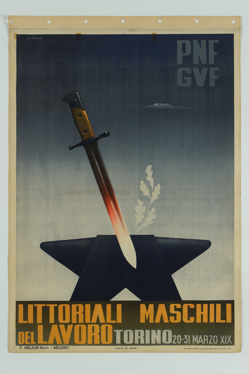 gladio forgiato su un incudine (manifesto) di Manno Dante (sec. XX)