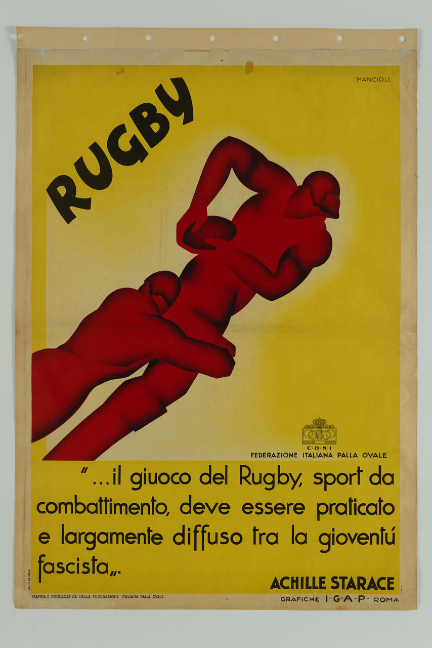 due giocatori di rugby in fase di placcaggio (manifesto) di Mancioli Corrado (sec. XX)