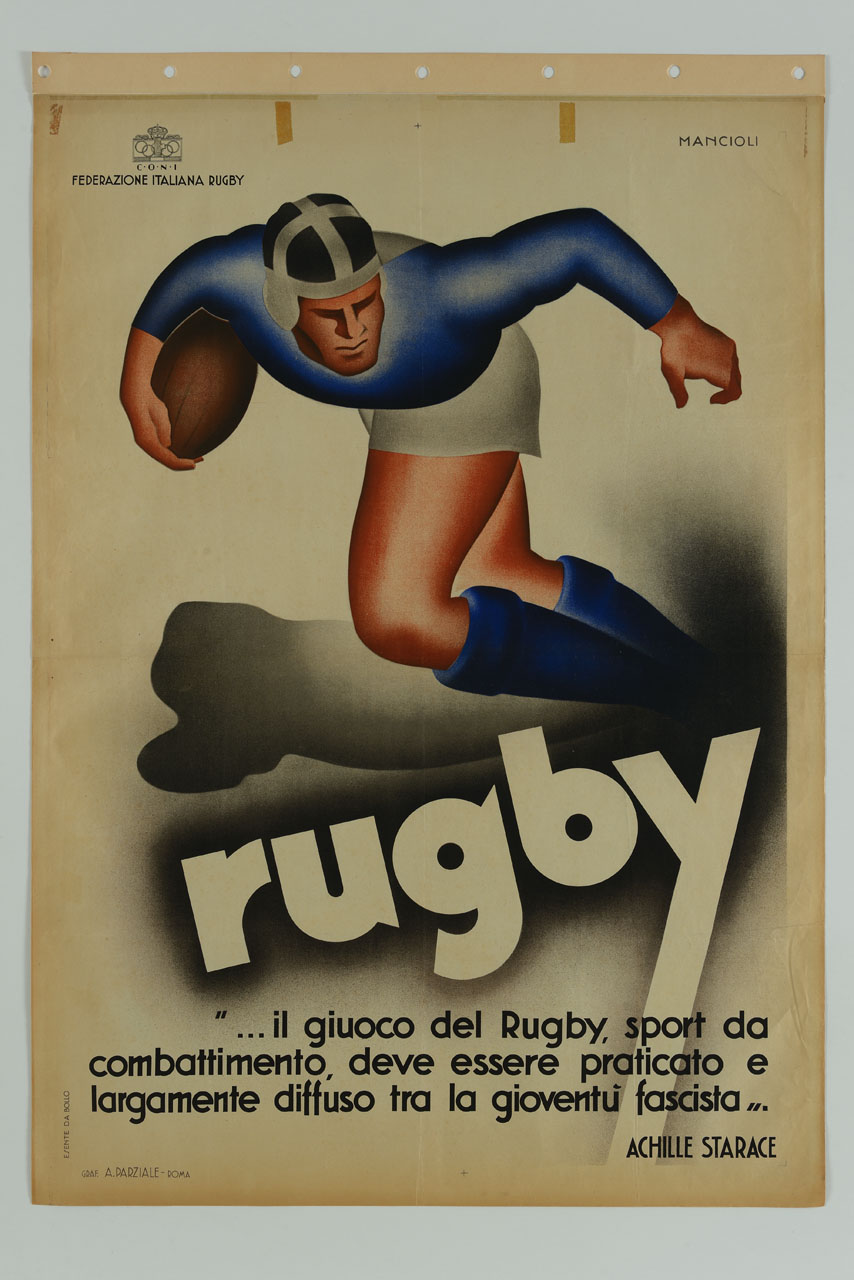 giocatore di rugby in fase di corsa (manifesto) di Mancioli Corrado (sec. XX)