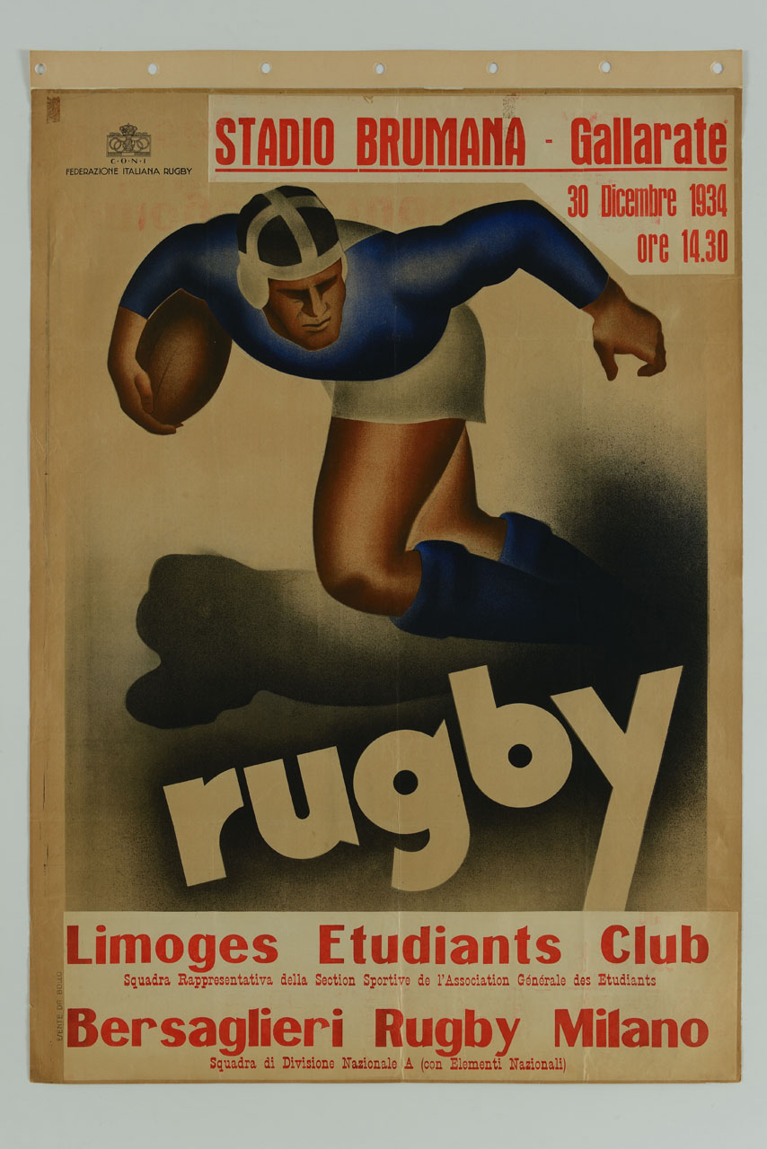 giocatore di rugby in fase di corsa (manifesto) di Mancioli Corrado (sec. XX)