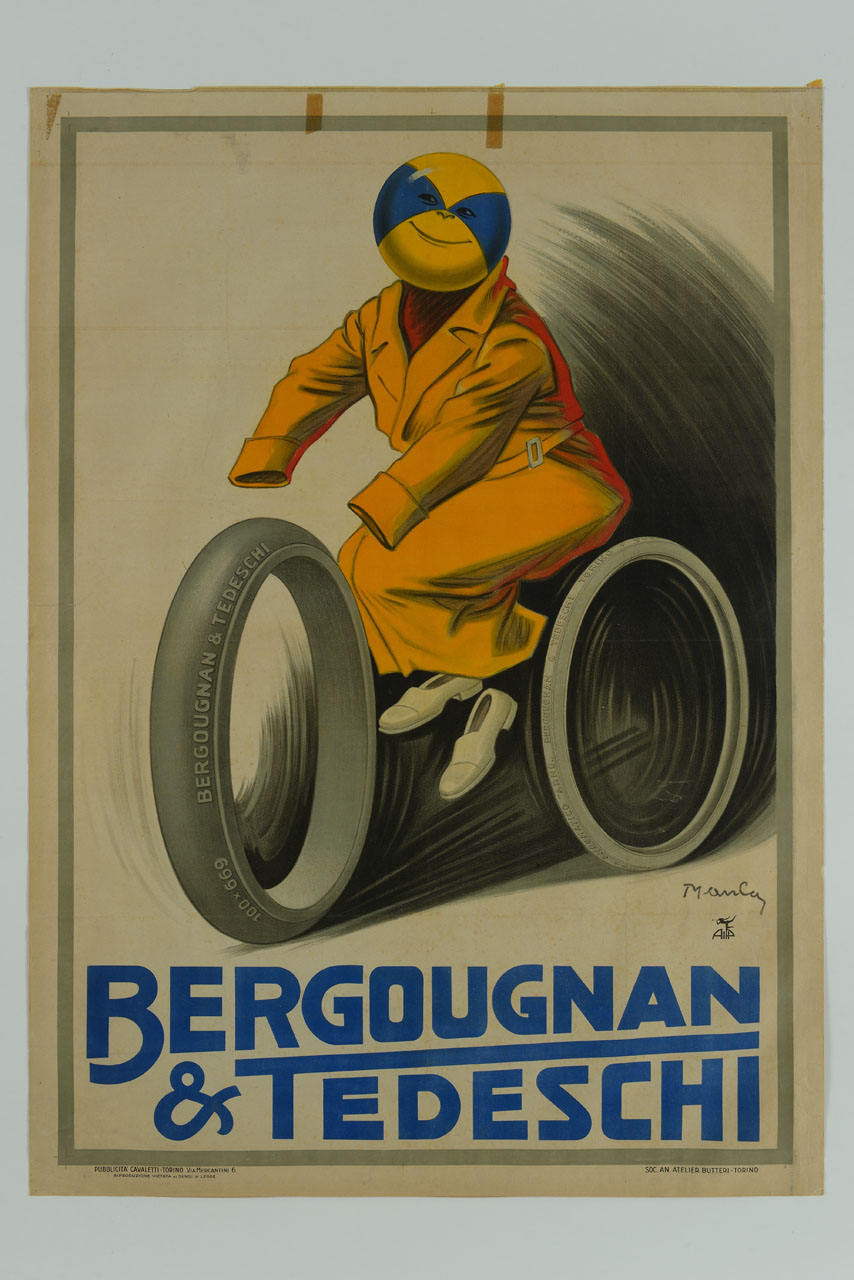 uomo invisibile in impermeabile in sella a una motocicletta invisibile con pneumatici (manifesto) di Manca Giovanni (sec. XX)