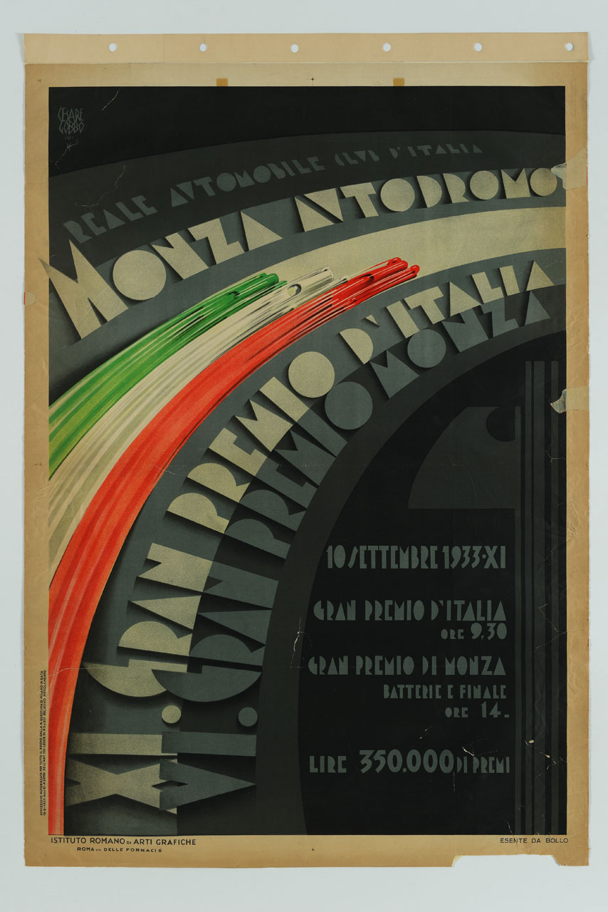 tre automobili rossa bianca e verde in corsa su pista (manifesto) di Gobbo Cesare (sec. XX)