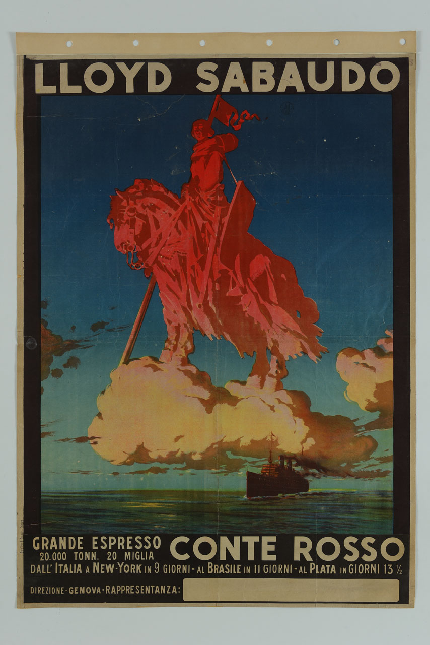 cavaliere rosso sospeso sopra una nuvola e in lontananza transatlantico in navigazione (manifesto) di Craffonara Aurelio (sec. XX)