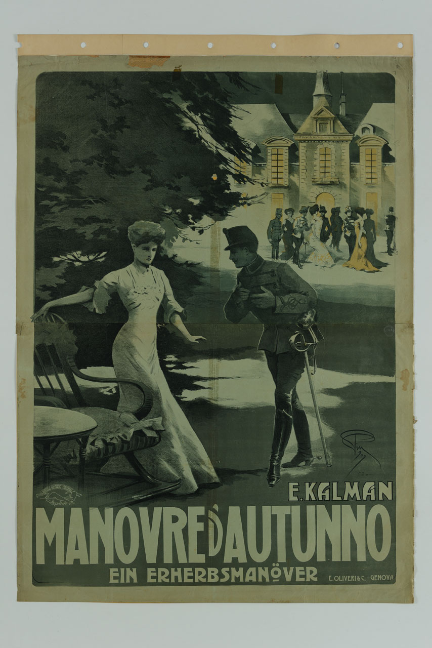 militare corteggia una dama e sullo sfondo scena con gruppo di persone (manifesto) di Pin P (sec. XX)