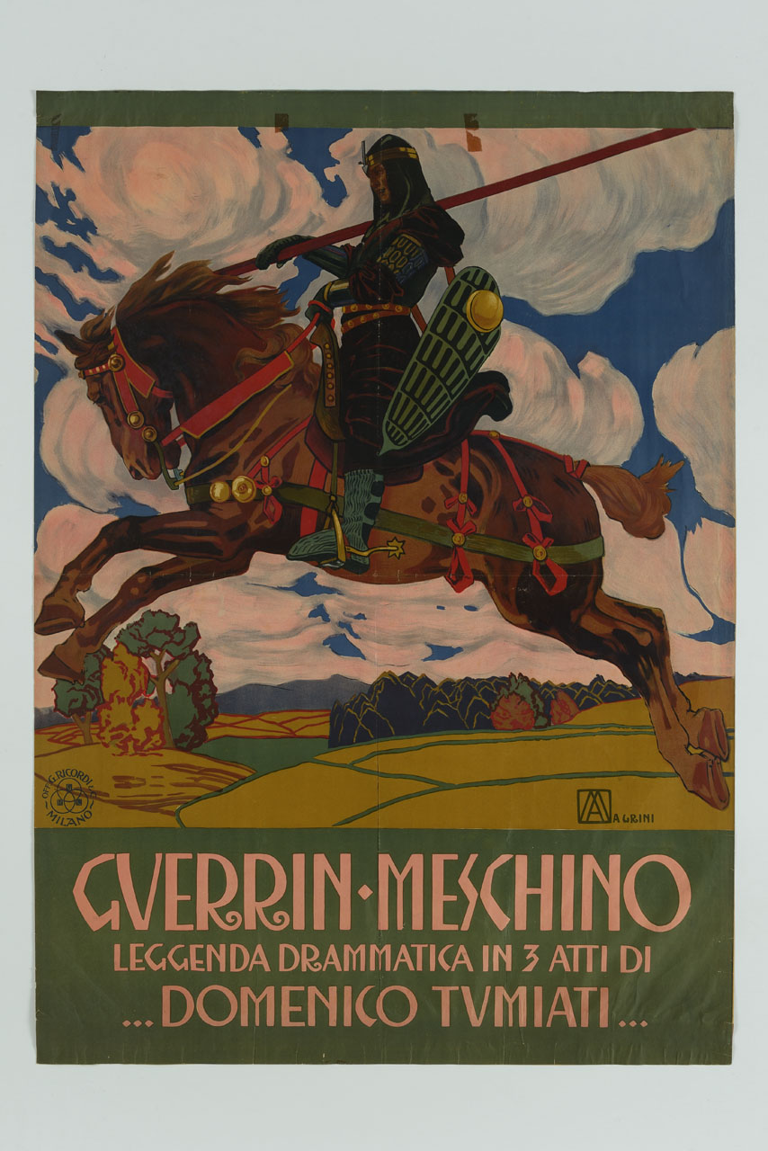 cavaliere con corazza e lancia in sella a un cavallo bardato e sullo sfondo paesaggio agreste (manifesto) di Magrini Adolfo (sec. XX)