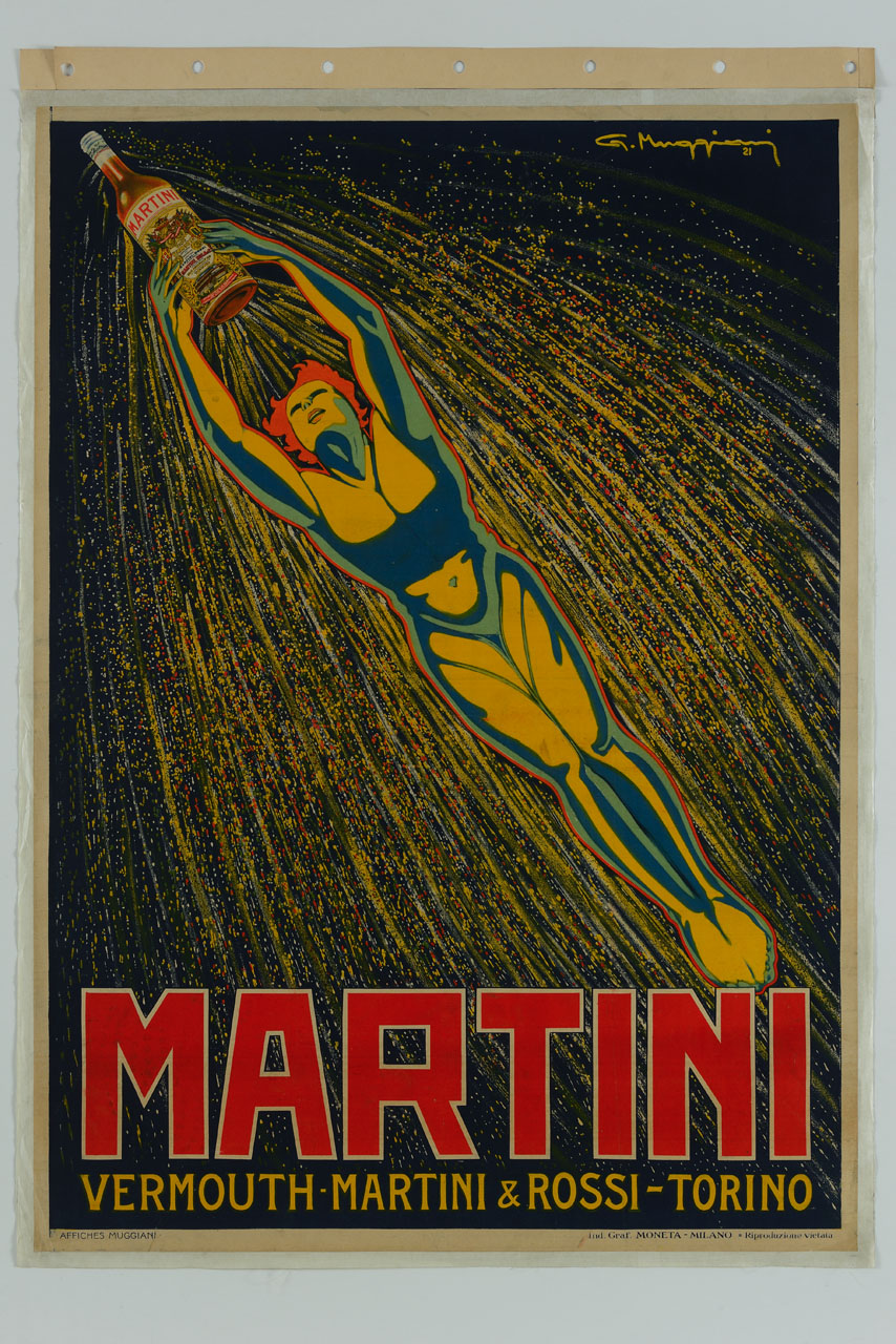 donna nuda afferrata a una bottiglia lanciata in cielo come un missile (manifesto) di Muggiani Giorgio (sec. XX)