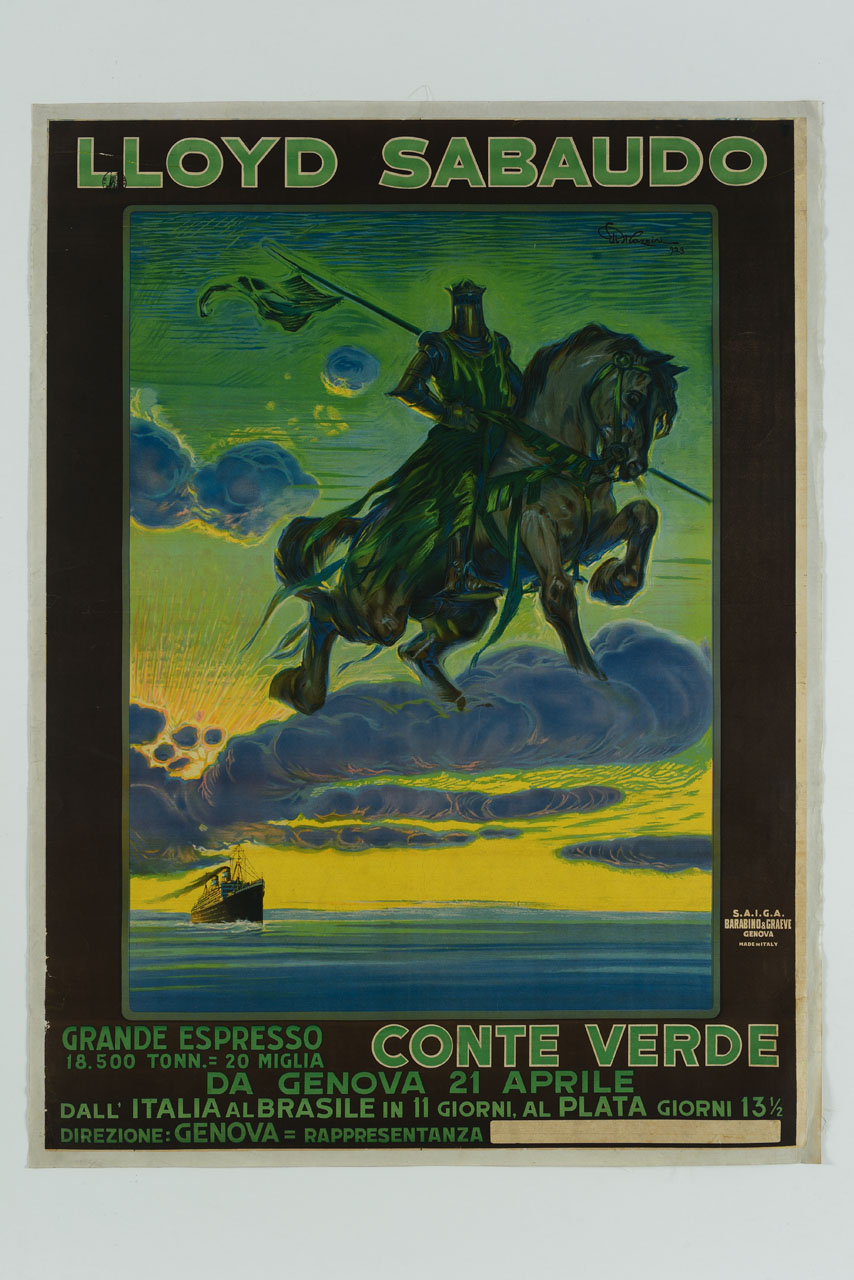 cavaliere verde sospeso sopra una nuvola e in lontananza transatlantico in navigazione (manifesto) di Mazzini Ettore (sec. XX)