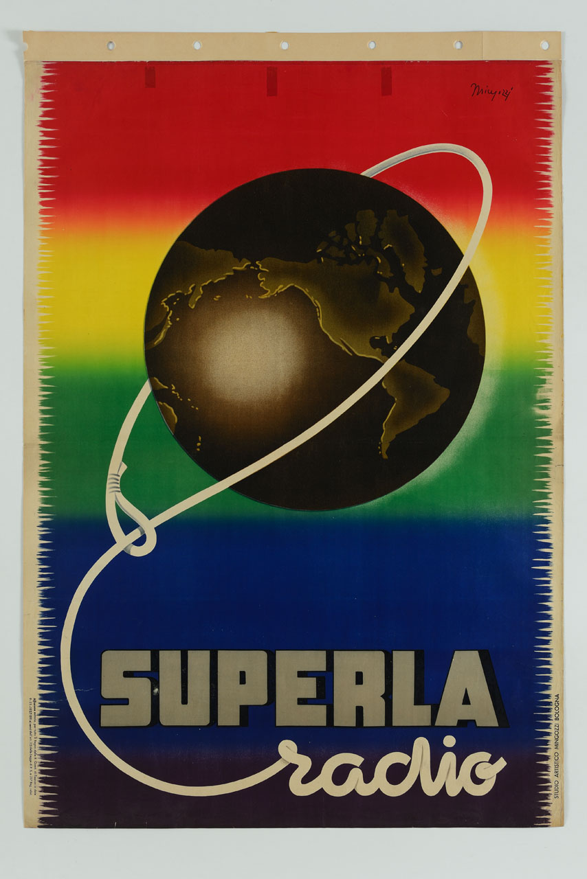 laccio da rodeo stretto attorno al pianeta Terra su sfondo arcobaleno (manifesto) di Mingozzi Giovanni (sec. XX)