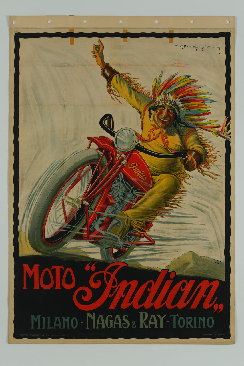 indiano nativo in abiti tradizionali sfreccia sorridente in sella alla moto (manifesto) di Muggiani Giorgio (sec. XX)