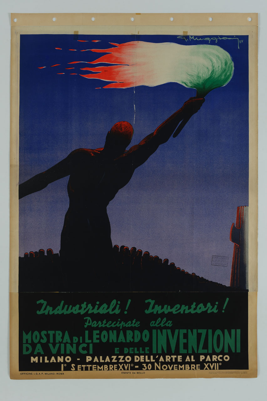 silhouette maschile con fiaccola tricolare alzata in alto (manifesto) di Muggiani Giorgio (sec. XX)