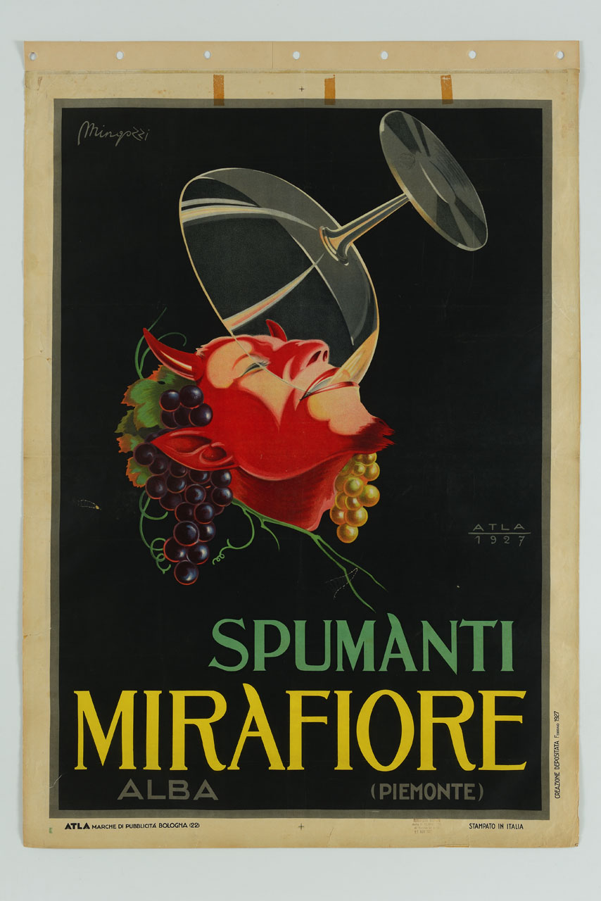 volto di satiro coronato di grappoli d'uva beve vino da una coppa (manifesto) di Mingozzi Giovanni, ATLA - Pubblicità - Bologna (sec. XX)