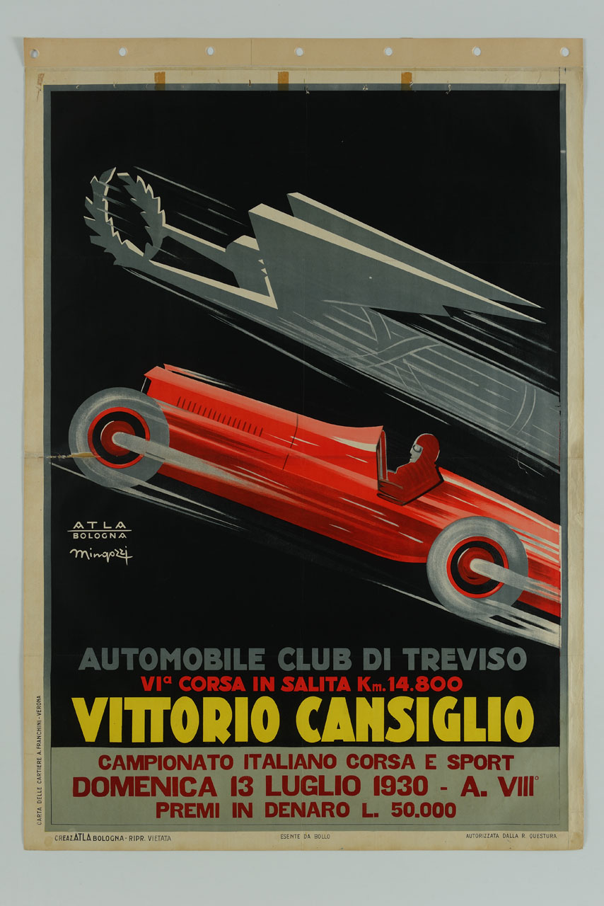 automobile rossa in corsa gareggia con un fascio littorio (manifesto) di Mingozzi Giovanni (sec. XX)