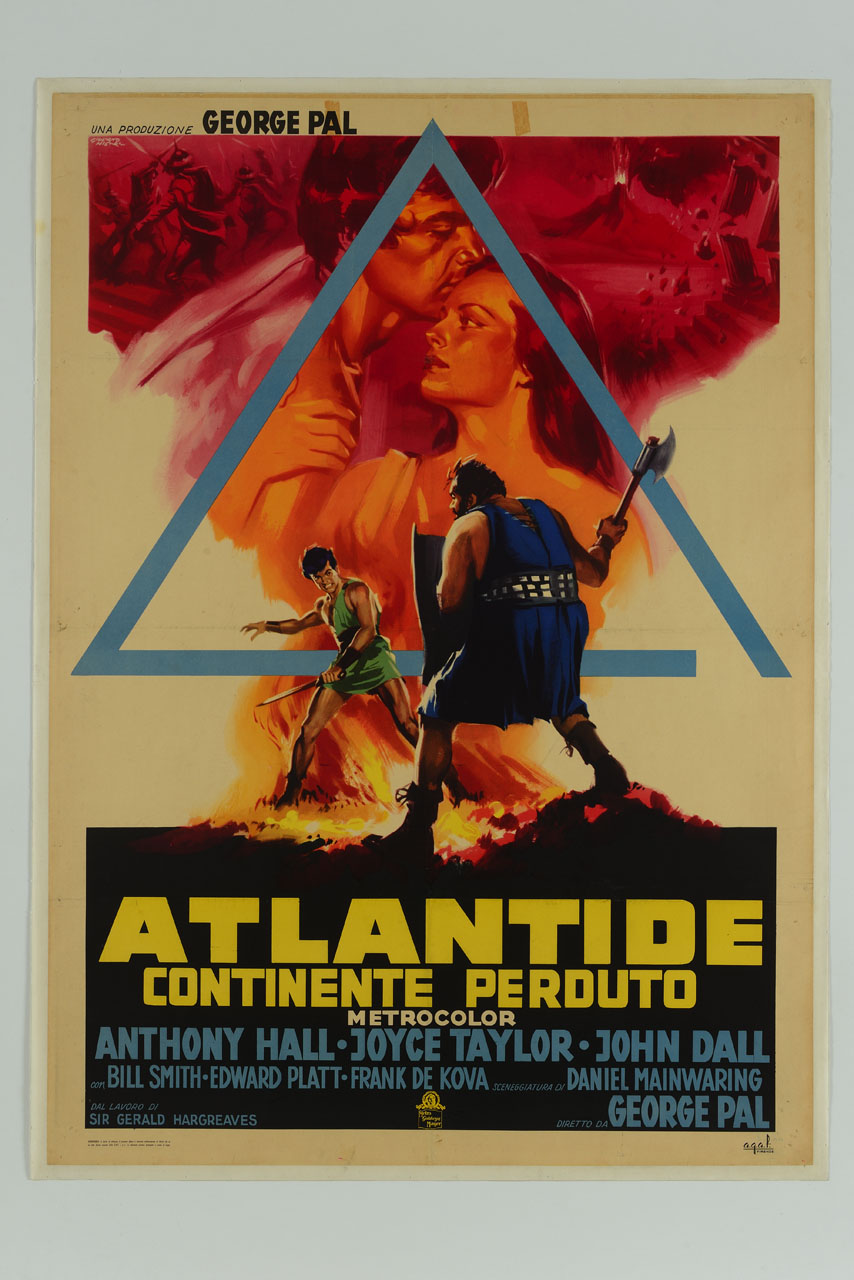 triangolo con uomo e donna, in basso due guerrieri combattono, in alto scene di guerra e distruzione di Atlantide (manifesto) di Nistri Giuliano (sec. XX)