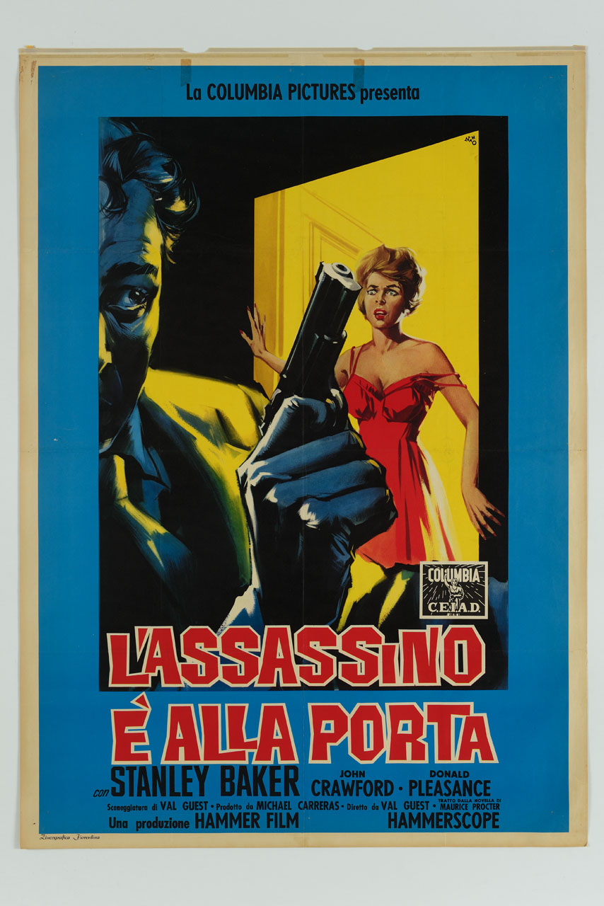 uomo con pistola e donna spaventata ad una porta (manifesto) di Campeggi Silvano detto Nano (sec. XX)