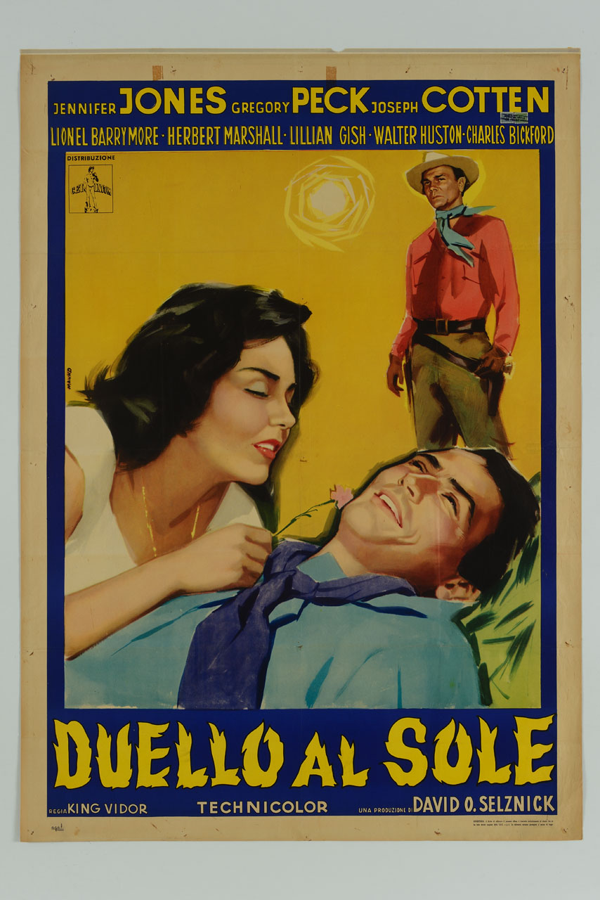 Gregory Peck e Jennifer Jones sdraiati su di un prato, Joseph Cotten nei panni di un cowboy sullo sfondo (manifesto) di Manno Dante (sec. XX)
