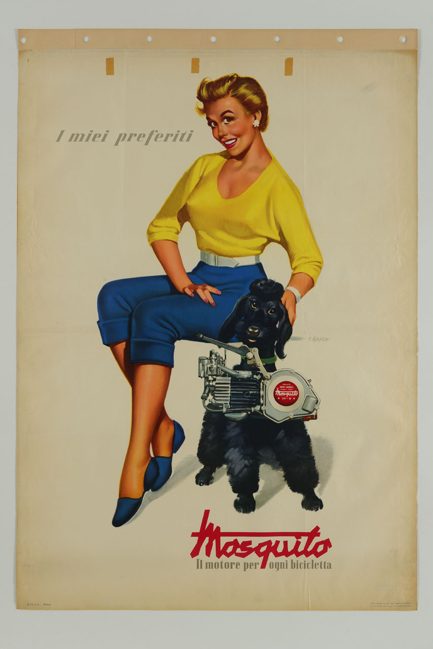donna seduta accarezza un cane con un motore appeso al collare (manifesto) di Mosca Franco (sec. XX)
