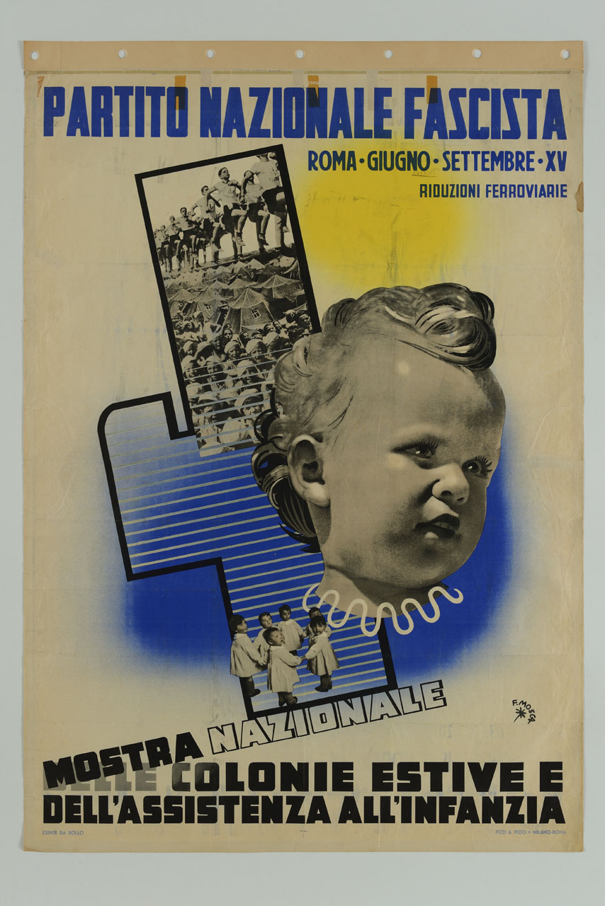 composizione con testa di bambino e sullo sfondo fascio littorio illustrato con scene infantili (manifesto) di Mosca Franco (sec. XX)